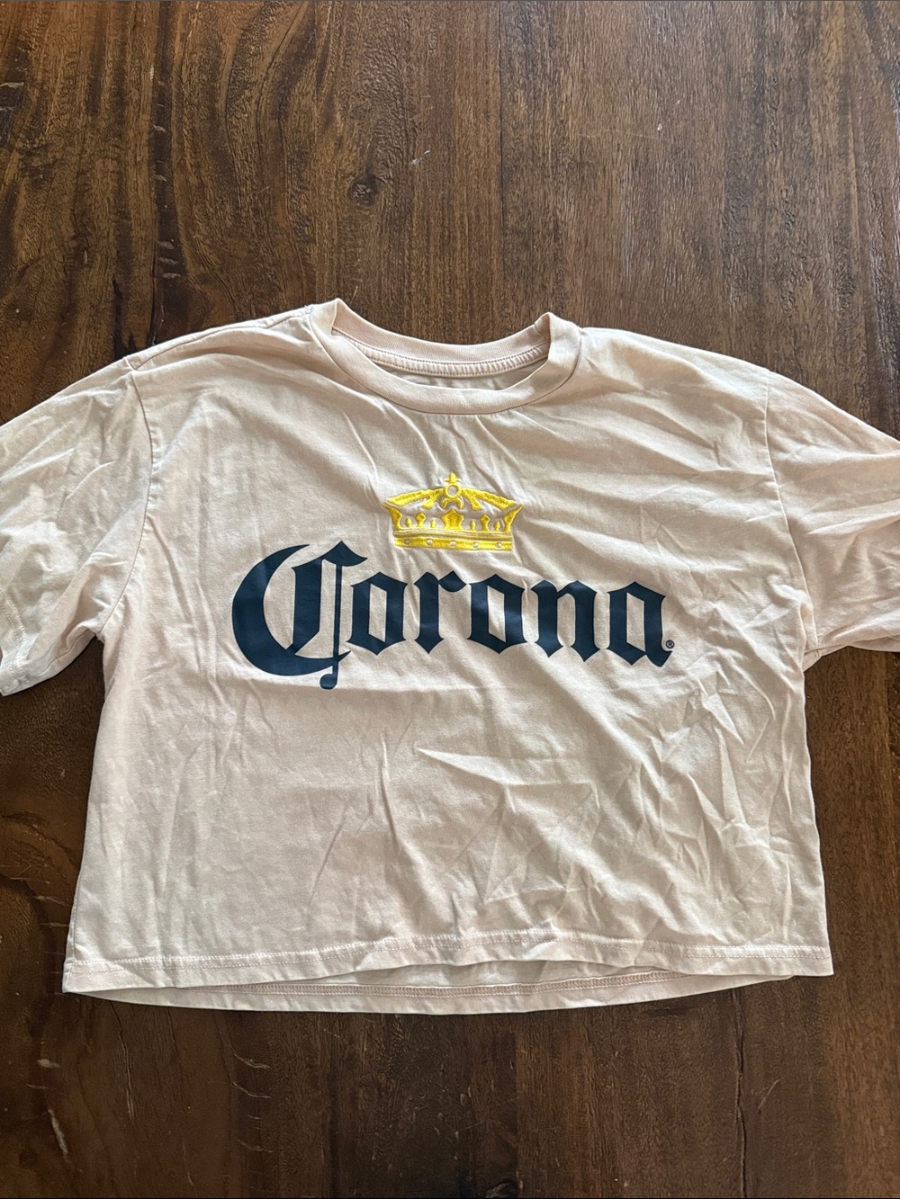 Corona Graphic Crop Tee in White with Yellow Crown and Navy Logo